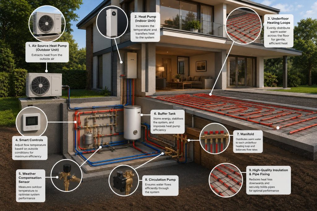 system design of underfloor heating and air source heat pumps